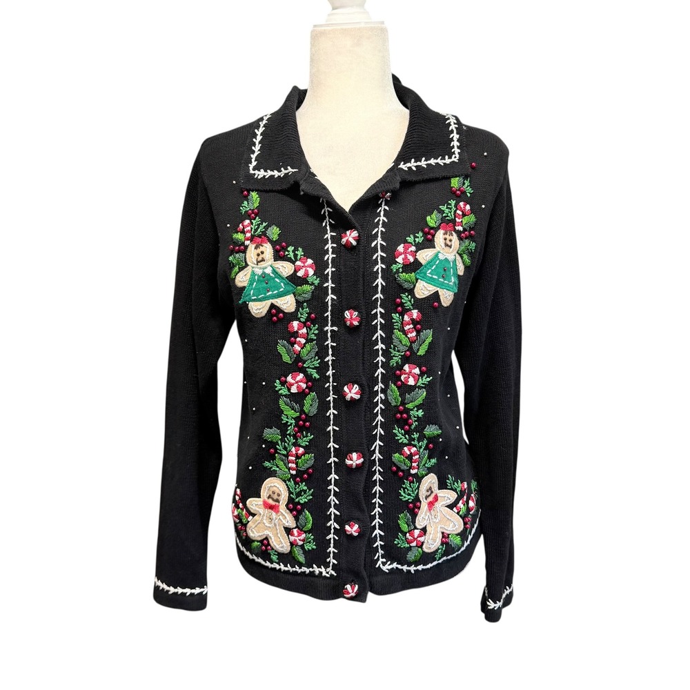Vtg‎ 90s Y2K Gingerbread Christmas Cardigan Women S Black Ugly Sweater Holiday